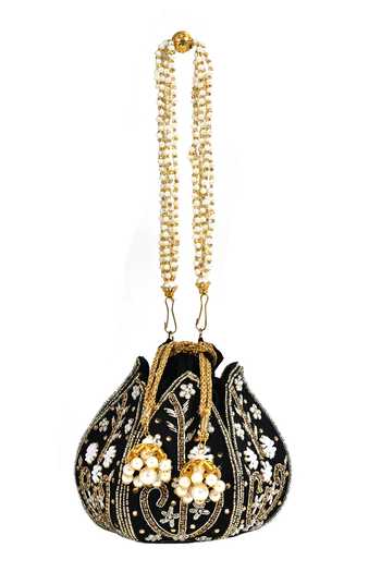 Shop Nazaakat By Samara Singh Black Embroidery, Pearls Lotus Potli Bag at Aza Fashions Shop_Nazaakat By Samara Singh_Black Embroidery, Pearls Lotus Potli Bag _at_Aza_Fashions