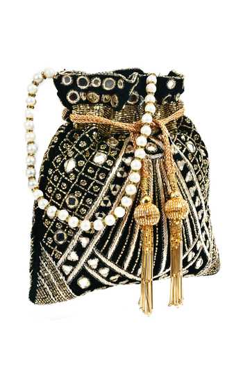 Nazaakat By Samara Singh_Black Mirrors, Zari Artisan Velvet Potli Bag _Online_at_Aza_Fashions
