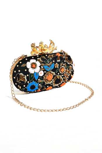 Nazaakat By Samara Singh_Black Embroidery Handcrafted Oval French Knot Clutch Bag _Online_at_Aza_Fashions