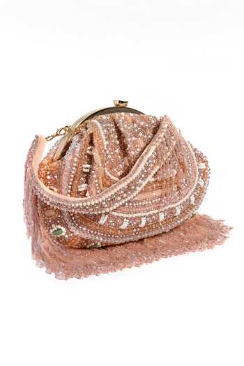 Nazaakat By Samara Singh_Peach Beads, Fringe Dazzling Pink Beaded Clutch Bag _Online_at_Aza_Fashions