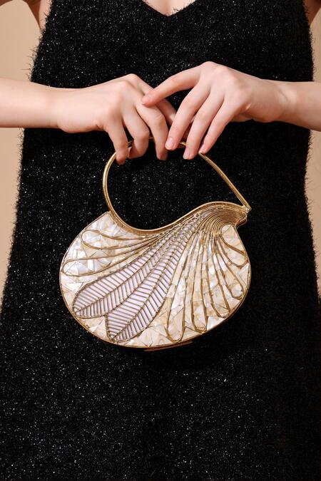 Shop Nazaakat By Samara Singh Gold Metallic Thread Mother Of Pearl Clutch Bag Online at Aza Fashions Shop_Nazaakat By Samara Singh_Gold Metallic Thread Mother Of Pearl Clutch Bag _Online_at_Aza_Fashions