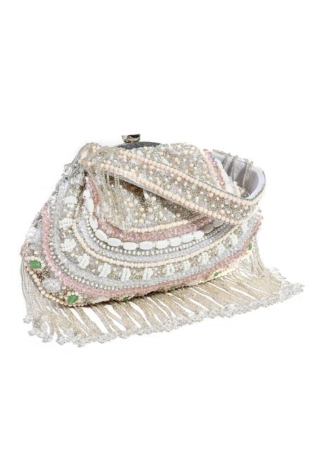 Nazaakat By Samara Singh_White Beads, Fringe Luminous Beaded Batua Bag _Online_at_Aza_Fashions