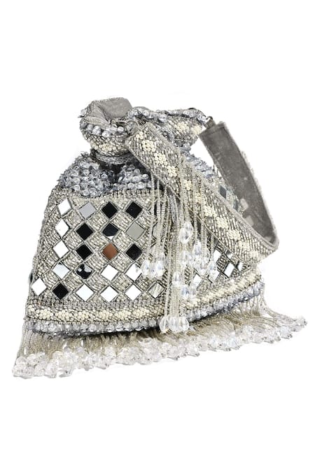 Nazaakat By Samara Singh_Gray Mirrors, Beads Dazzling Silver Work Potli Bag _Online_at_Aza_Fashions