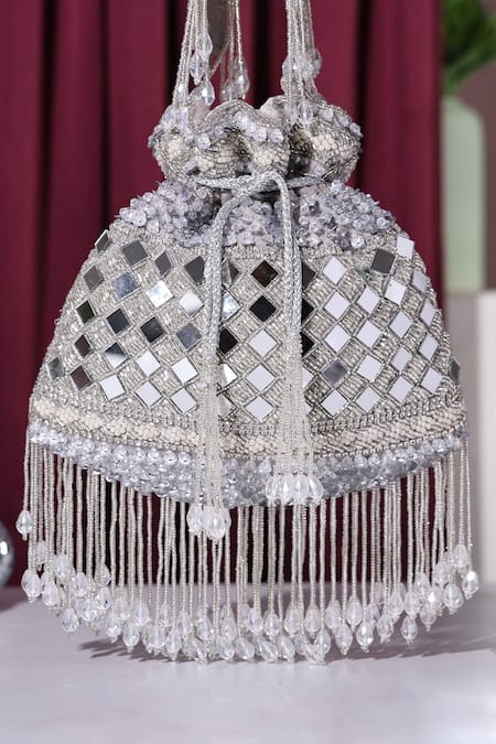 Nazaakat By Samara Singh Dazzling Silver Mirror Work Potli Bag 