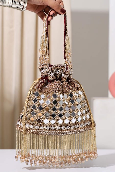 Nazaakat By Samara Singh Maroon Mirrors, Beads Rich Mehroon Work Potli Bag 