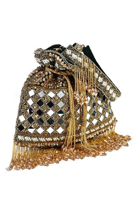 Nazaakat By Samara Singh_Maroon Mirrors, Beads Rich Mehroon Work Potli Bag _Online_at_Aza_Fashions
