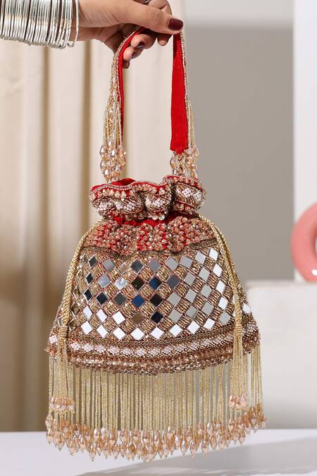 Nazaakat By Samara Singh Radiant Red Mirror Work Potli Bag 