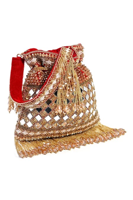Nazaakat By Samara Singh_Red Mirrors, Embroidery, Tassels Radiant Work Potli Bag _Online_at_Aza_Fashions