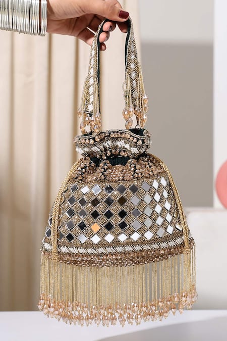 Nazaakat By Samara Singh Striking Black Mirror Work Potli Bag 