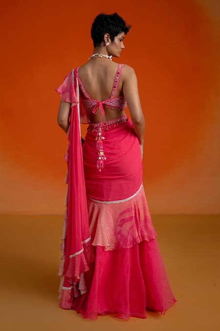 Shop_Shashank Arya_Pink Georgette, Organza Beads, Mirrors, Ombre Jamewar Print Pre-draped Saree Set _at_Aza_Fashions