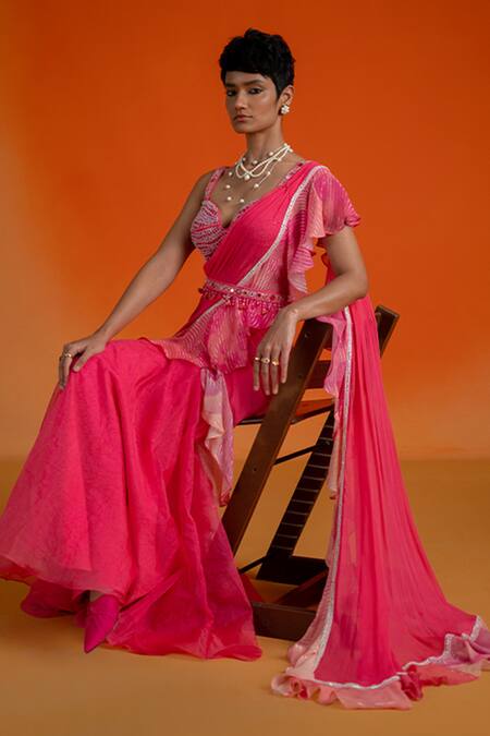 Shashank Arya_Pink Georgette, Organza Beads, Mirrors, Ombre Jamewar Print Pre-draped Saree Set _Online_at_Aza_Fashions