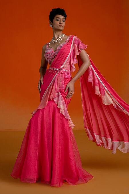 Buy_Shashank Arya_Pink Georgette, Organza Beads, Mirrors, Ombre Jamewar Print Pre-draped Saree Set _Online_at_Aza_Fashions