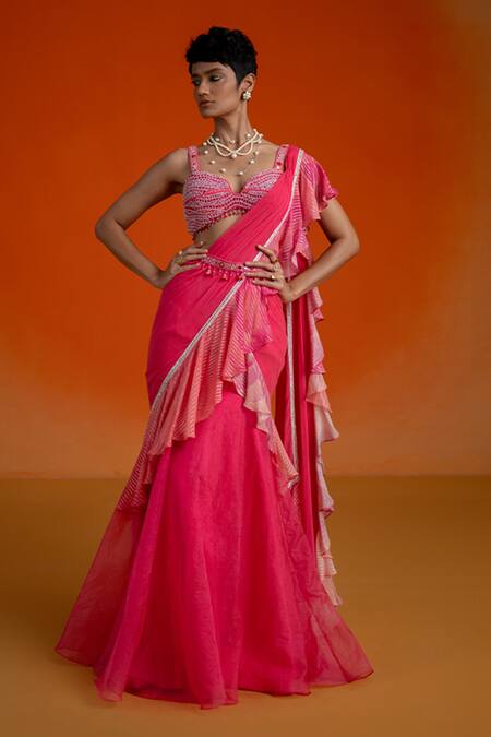 Shop_Shashank Arya_Pink Georgette, Organza Beads, Mirrors, Ombre Jamewar Print Pre-draped Saree Set _Online_at_Aza_Fashions
