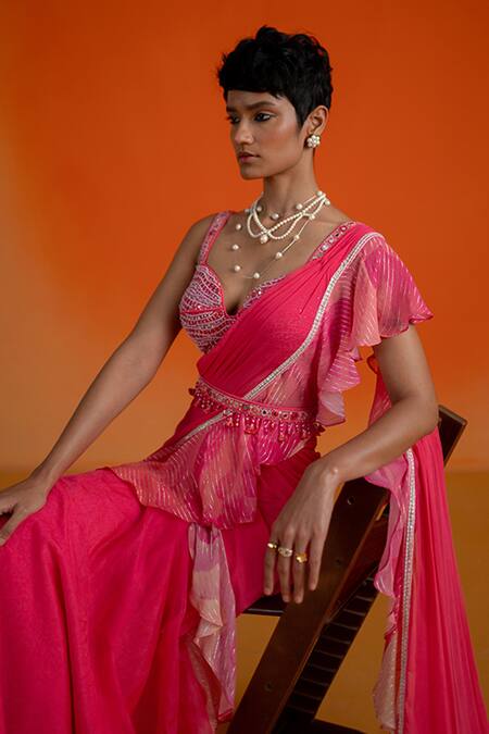 Shashank Arya_Pink Georgette, Organza Beads, Mirrors, Ombre Jamewar Print Pre-draped Saree Set _at_Aza_Fashions