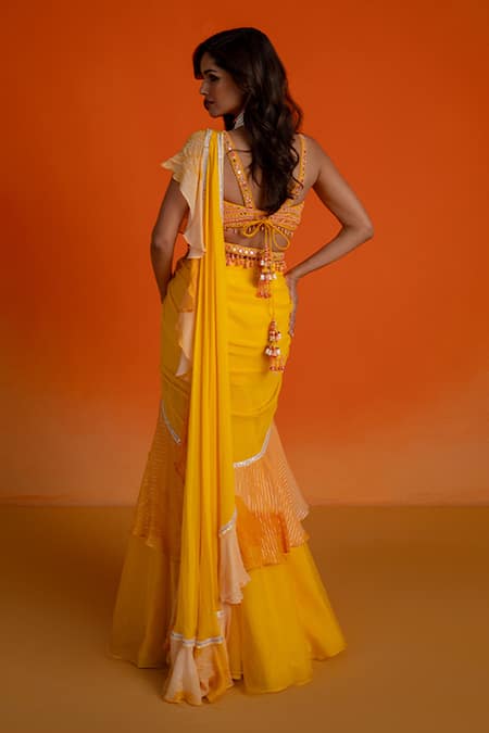 Shashank Arya Yellow Pre-Draped Saree Set 