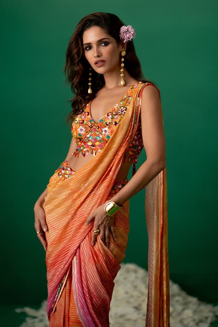 Shashank Arya_Orange Georgette Crystals, Pearls Multi Color Ombre Floral Pre-draped Saree _Online_at_Aza_Fashions