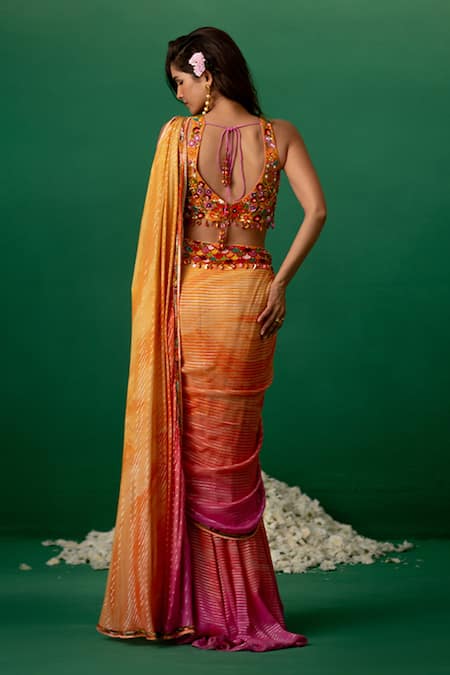 Shashank Arya Multi Color Ombre Floral Pre-Draped Saree 