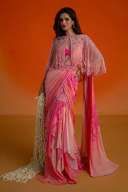 Shashank Arya Pink Georgette, Modal, Satin Crystals, Pearls Floral Ombre Pre-draped Saree Set