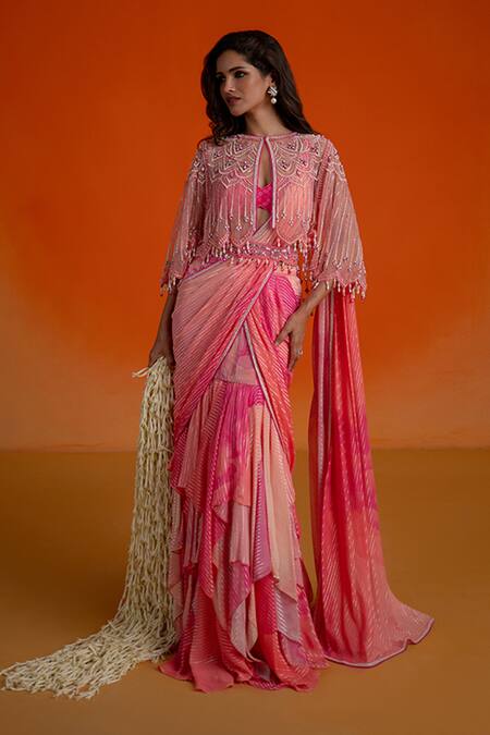 Shashank Arya Pink Georgette, Modal, Satin Crystals, Pearls Floral Ombre Pre-draped Saree Set Online at Aza Fashions Shashank Arya_Pink Georgette, Modal, Satin Crystals, Pearls Floral Ombre Pre-draped Saree Set _Online_at_Aza_Fashions