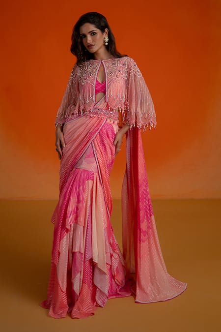Shop Shashank Arya Pink Georgette, Modal, Satin Crystals, Pearls Floral Ombre Pre-draped Saree Set Online at Aza Fashions Shop_Shashank Arya_Pink Georgette, Modal, Satin Crystals, Pearls Floral Ombre Pre-draped Saree Set _Online_at_Aza_Fashions