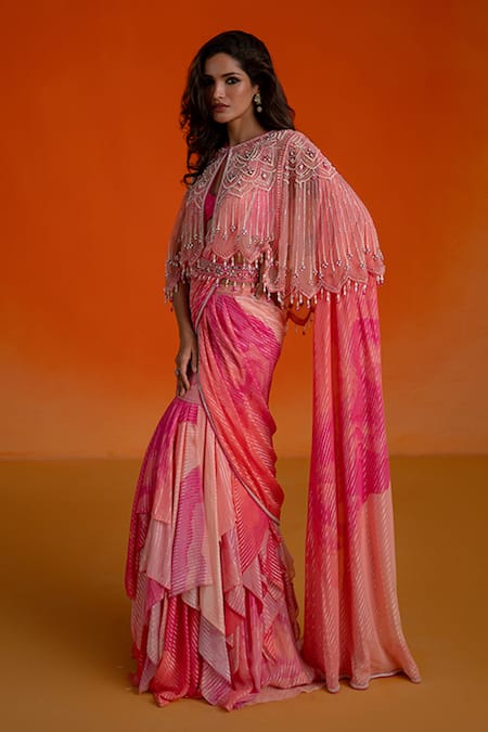 Shop Shashank Arya Pink Georgette, Modal, Satin Crystals, Pearls Floral Ombre Pre-draped Saree Set at Aza Fashions Shop_Shashank Arya_Pink Georgette, Modal, Satin Crystals, Pearls Floral Ombre Pre-draped Saree Set _at_Aza_Fashions