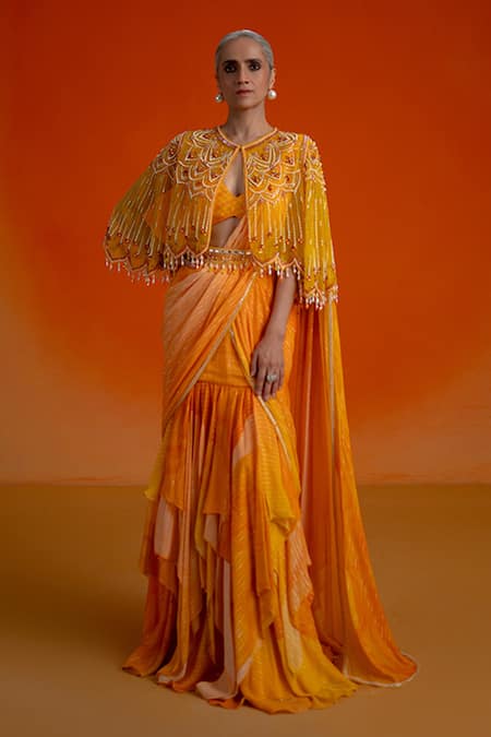 Shashank Arya Orange Georgette, Modal Crystals, Pearls Round Floral Print Pre-draped Saree Set 