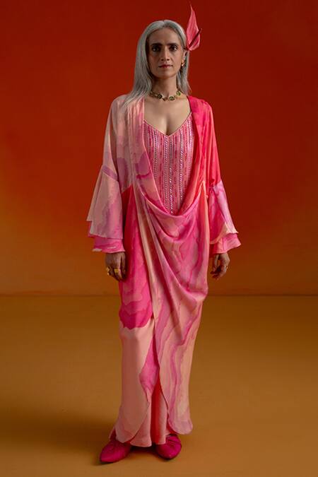 Shashank Arya Pink Modal, Georgette, Satin Beads, Ombre Floral Kurti Pant Set With Jacket Online at Aza Fashions Shashank Arya_Pink Modal, Georgette, Satin Beads, Ombre Floral Kurti Pant Set With Jacket _Online_at_Aza_Fashions