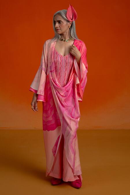 Buy Shashank Arya Pink Modal, Georgette, Satin Beads, Ombre Floral Kurti Pant Set With Jacket Online at Aza Fashions Buy_Shashank Arya_Pink Modal, Georgette, Satin Beads, Ombre Floral Kurti Pant Set With Jacket _Online_at_Aza_Fashions