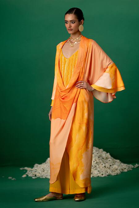 Shashank Arya Orange Modal, Satin, Georgette, Crepe Digital Print Kurti Set With Jacket Online at Aza Fashions Shashank Arya_Orange Modal, Satin, Georgette, Crepe Digital Print Kurti Set With Jacket _Online_at_Aza_Fashions