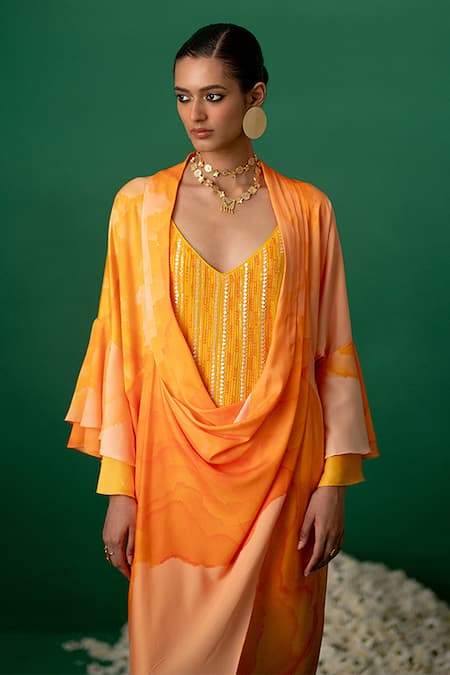 Shop Shashank Arya Orange Modal, Satin, Georgette, Crepe Digital Print Kurti Set With Jacket at Aza Fashions Shop_Shashank Arya_Orange Modal, Satin, Georgette, Crepe Digital Print Kurti Set With Jacket _at_Aza_Fashions