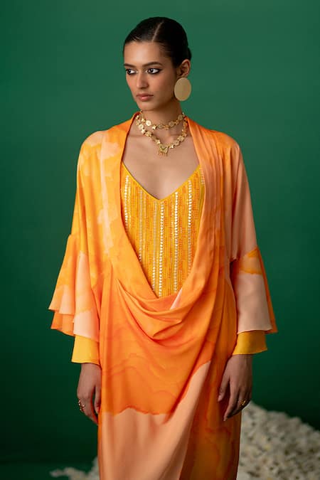 Buy Shashank Arya Orange Modal, Satin, Georgette, Crepe Digital Print Kurti Set With Jacket Online at Aza Fashions Buy_Shashank Arya_Orange Modal, Satin, Georgette, Crepe Digital Print Kurti Set With Jacket _Online_at_Aza_Fashions