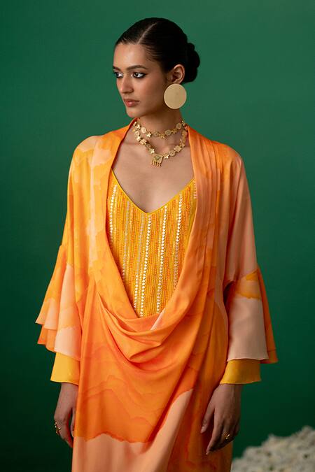Shop Shashank Arya Orange Modal, Satin, Georgette, Crepe Digital Print Kurti Set With Jacket Online at Aza Fashions Shop_Shashank Arya_Orange Modal, Satin, Georgette, Crepe Digital Print Kurti Set With Jacket _Online_at_Aza_Fashions