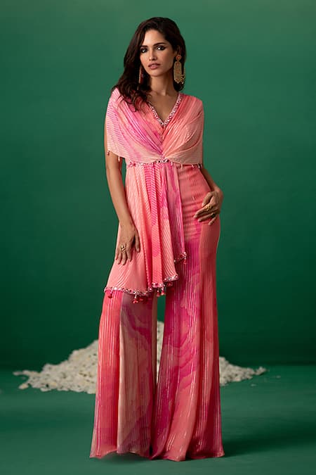 Shashank Arya Pink Georgette Crystals, Pearls Digital Print Jumpsuit With Embellishments 