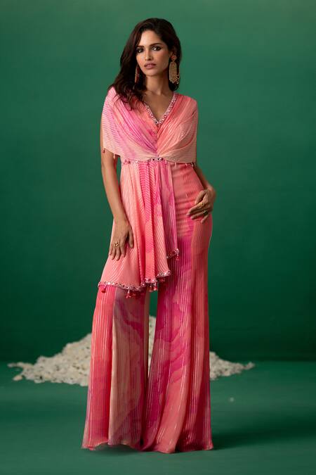 Shashank Arya Pink Georgette Crystals, Pearls Digital Print Jumpsuit With Embellishments at Aza Fashions Shashank Arya_Pink Georgette Crystals, Pearls Digital Print Jumpsuit With Embellishments _at_Aza_Fashions