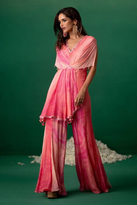 Buy Shashank Arya Pink Georgette Crystals, Pearls Digital Print Jumpsuit With Embellishments Buy_Shashank Arya_Pink Georgette Crystals, Pearls Digital Print Jumpsuit With Embellishments