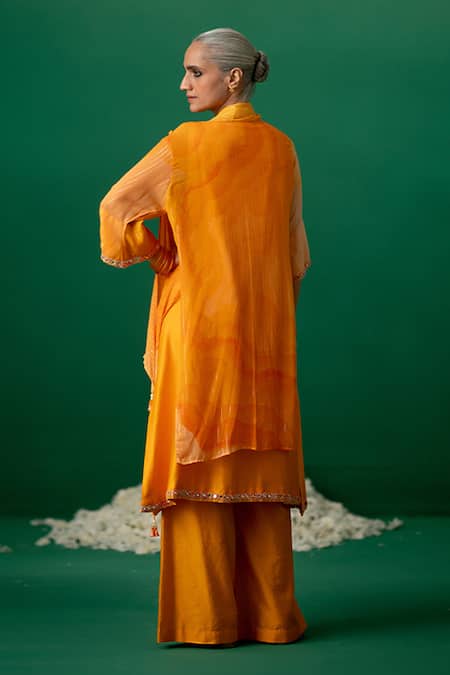 Shop Shashank Arya Orange Chanderi, Georgette Crystals, Pearls Round Block Print Kurti And Pant Set at Aza Fashions Shop_Shashank Arya_Orange Chanderi, Georgette Crystals, Pearls Round Block Print Kurti And Pant Set _at_Aza_Fashions