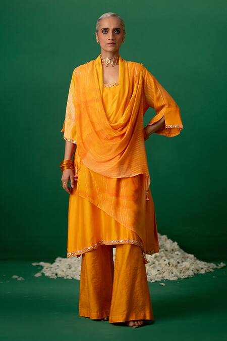Shashank Arya Orange Chanderi, Georgette Crystals, Pearls Round Block Print Kurti And Pant Set Online at Aza Fashions Shashank Arya_Orange Chanderi, Georgette Crystals, Pearls Round Block Print Kurti And Pant Set _Online_at_Aza_Fashions