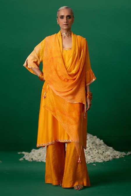 Shashank Arya Orange Chanderi, Georgette Crystals, Pearls Round Block Print Kurti And Pant Set 