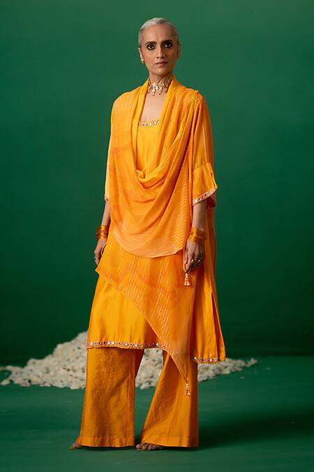Buy Shashank Arya Orange Chanderi, Georgette Crystals, Pearls Round Block Print Kurti And Pant Set Online at Aza Fashions Buy_Shashank Arya_Orange Chanderi, Georgette Crystals, Pearls Round Block Print Kurti And Pant Set _Online_at_Aza_Fashions