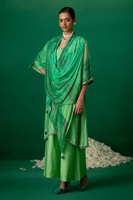 Shashank Arya_Green Chanderi, Georgette Crystals, Pearls Round Neck, Ombre Floral Kurti Set _Online_at_Aza_Fashions
