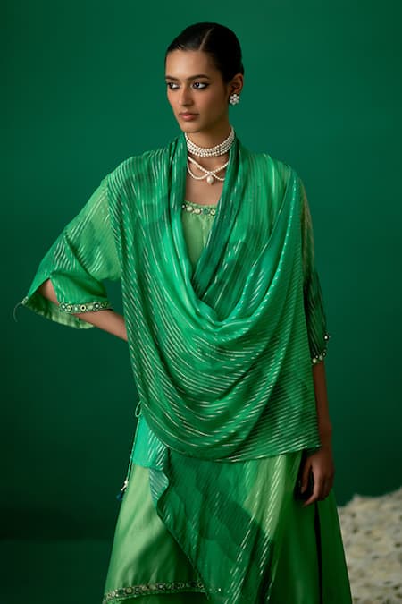 Buy_Shashank Arya_Green Chanderi, Georgette Crystals, Pearls Round Neck, Ombre Floral Kurti Set _Online_at_Aza_Fashions