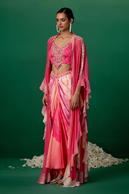 Shashank Arya_Pink Modal, Satin Crystals, Pearls Round Floral Print Dhoti Blouse Cape Set _Online_at_Aza_Fashions