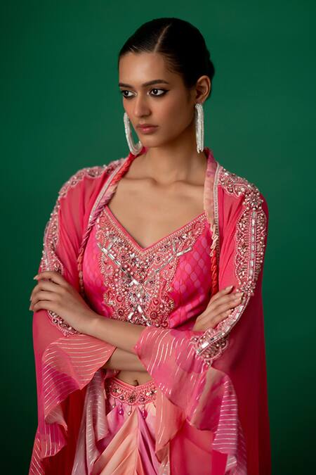 Buy_Shashank Arya_Pink Modal, Satin Crystals, Pearls Round Floral Print Dhoti Blouse Cape Set _Online_at_Aza_Fashions