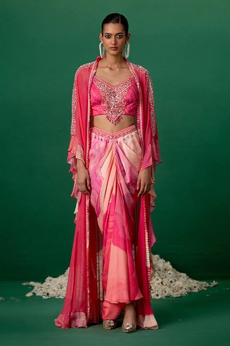 Shop_Shashank Arya_Pink Modal, Satin Crystals, Pearls Round Floral Print Dhoti Blouse Cape Set _Online_at_Aza_Fashions