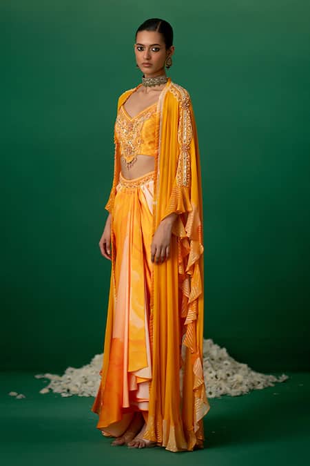 Shashank Arya_Orange Modal, Satin Crystals, Pearls Sweetheart Block Print Dhoti Set With Cape _Online_at_Aza_Fashions
