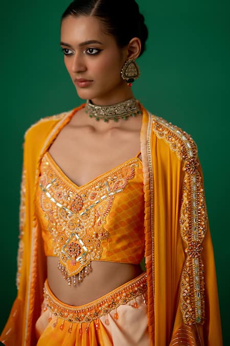 Buy_Shashank Arya_Orange Modal, Satin Crystals, Pearls Sweetheart Block Print Dhoti Set With Cape _Online_at_Aza_Fashions