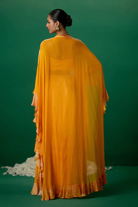 Shop_Shashank Arya_Orange Modal, Satin Crystals, Pearls Sweetheart Block Print Dhoti Set With Cape _at_Aza_Fashions