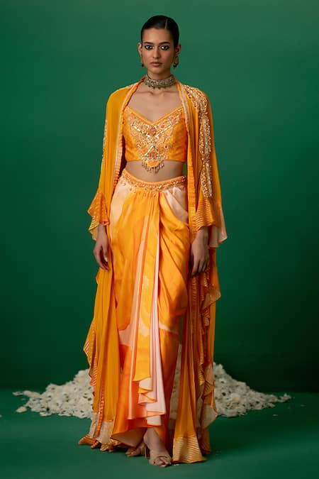 Shop_Shashank Arya_Orange Modal, Satin Crystals, Pearls Sweetheart Block Print Dhoti Set With Cape _Online_at_Aza_Fashions