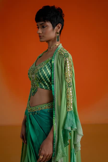 Shashank Arya_Green Modal, Satin, Georgette Crystals, Pearls V-neck, Floral Print Dhoti Set _Online_at_Aza_Fashions