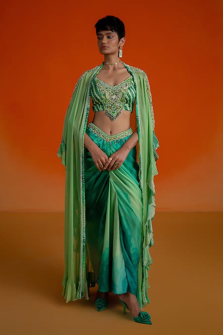 Buy_Shashank Arya_Green Modal, Satin, Georgette Crystals, Pearls V-neck, Floral Print Dhoti Set _Online_at_Aza_Fashions
